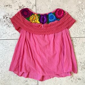 Womens Top Sz M Mexican Embroidered Cottage Boho Floral Peasant Hippie Pink